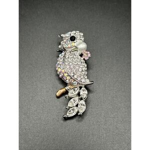 Aurora Borealis rhinestone cockatoo bird parrot brooch pin pink flower silver 2”